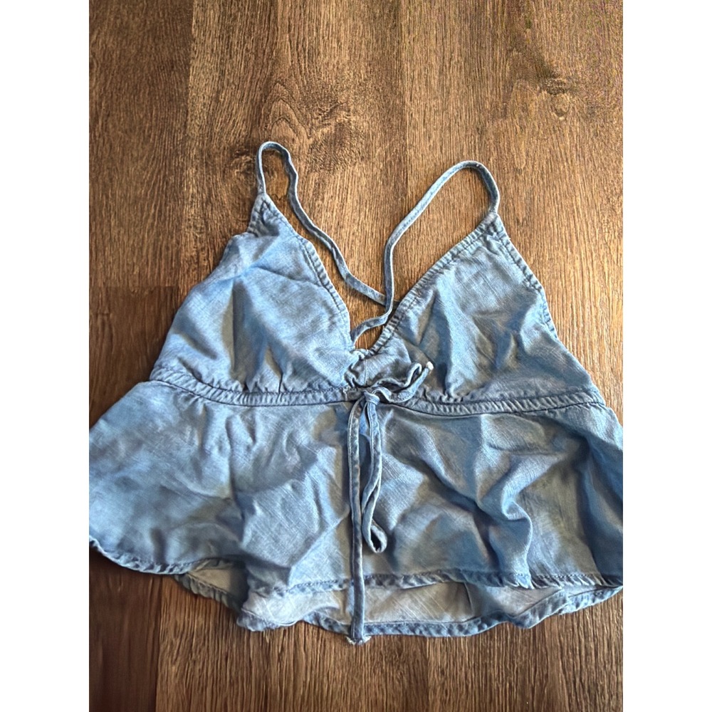 American Eagle Chambray Peplum Cami Top Light Wash Blue XS